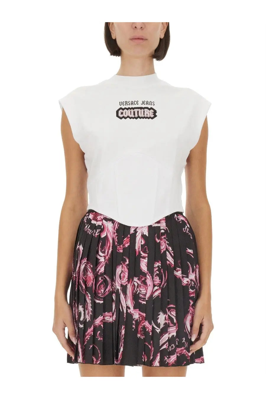 Versace jeans couture women’s white sleeveless top with black and white embroidered logo on the chest