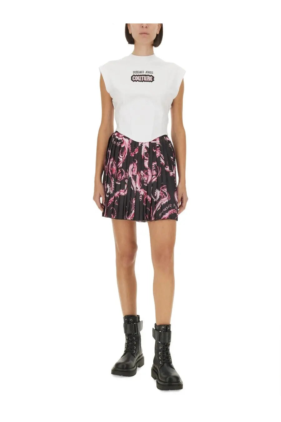 Versace Jeans Couture women’s white sleeveless top with black and pink graphic print in cotton fabric