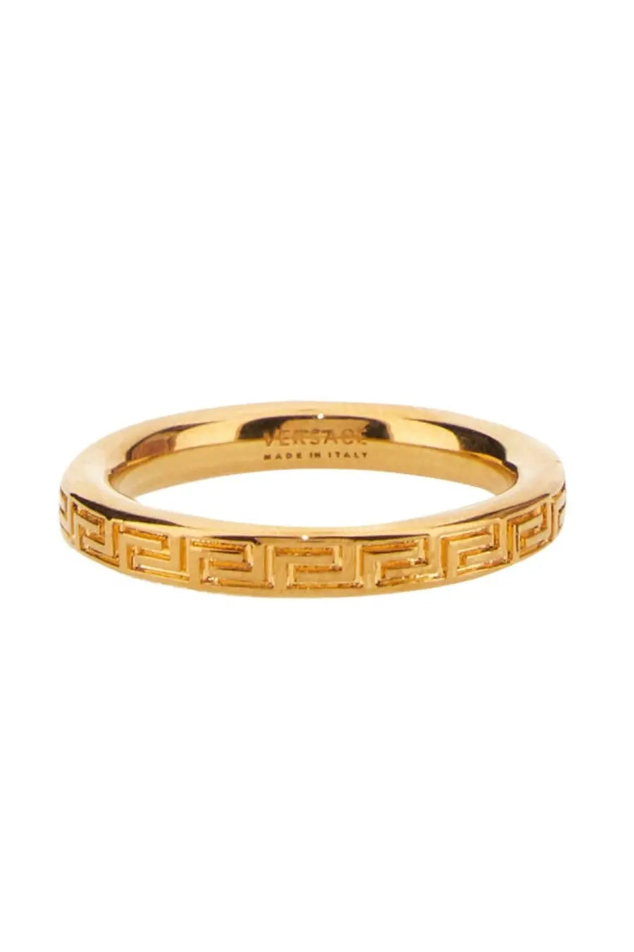 Gold-colored Versace men’s anello con chiave greca incisa ring featuring a classic Greek key pattern on the band