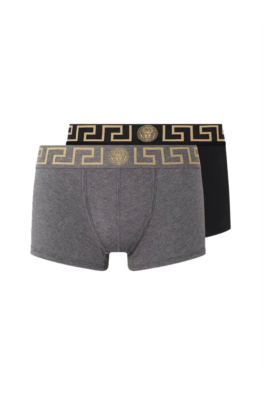 Versace men’s bi pack boxer briefs in gray and black with gold greek key patterns and medusa head waistband logos