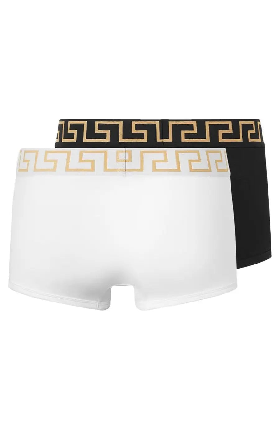 Versace men’s bi pack boxer briefs in white and black with gold greek key pattern waistbands and classic design