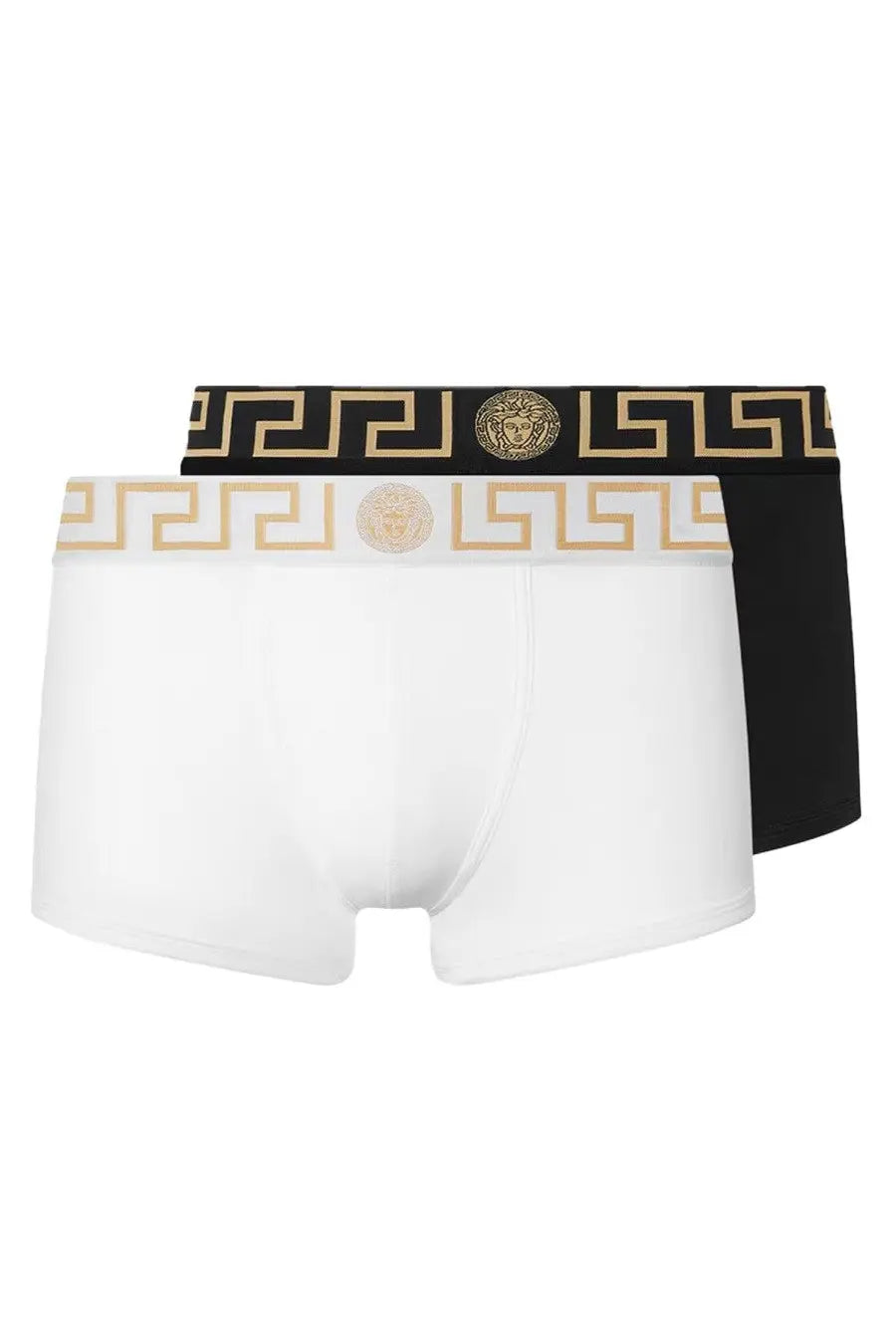 Versace men’s bi pack boxer multicolor briefs in white and black with gold greek key patterns and medusa head logos