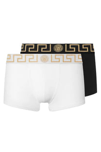 Versace men’s bi pack boxer multicolor briefs in white and black with gold greek key patterns and medusa head logos