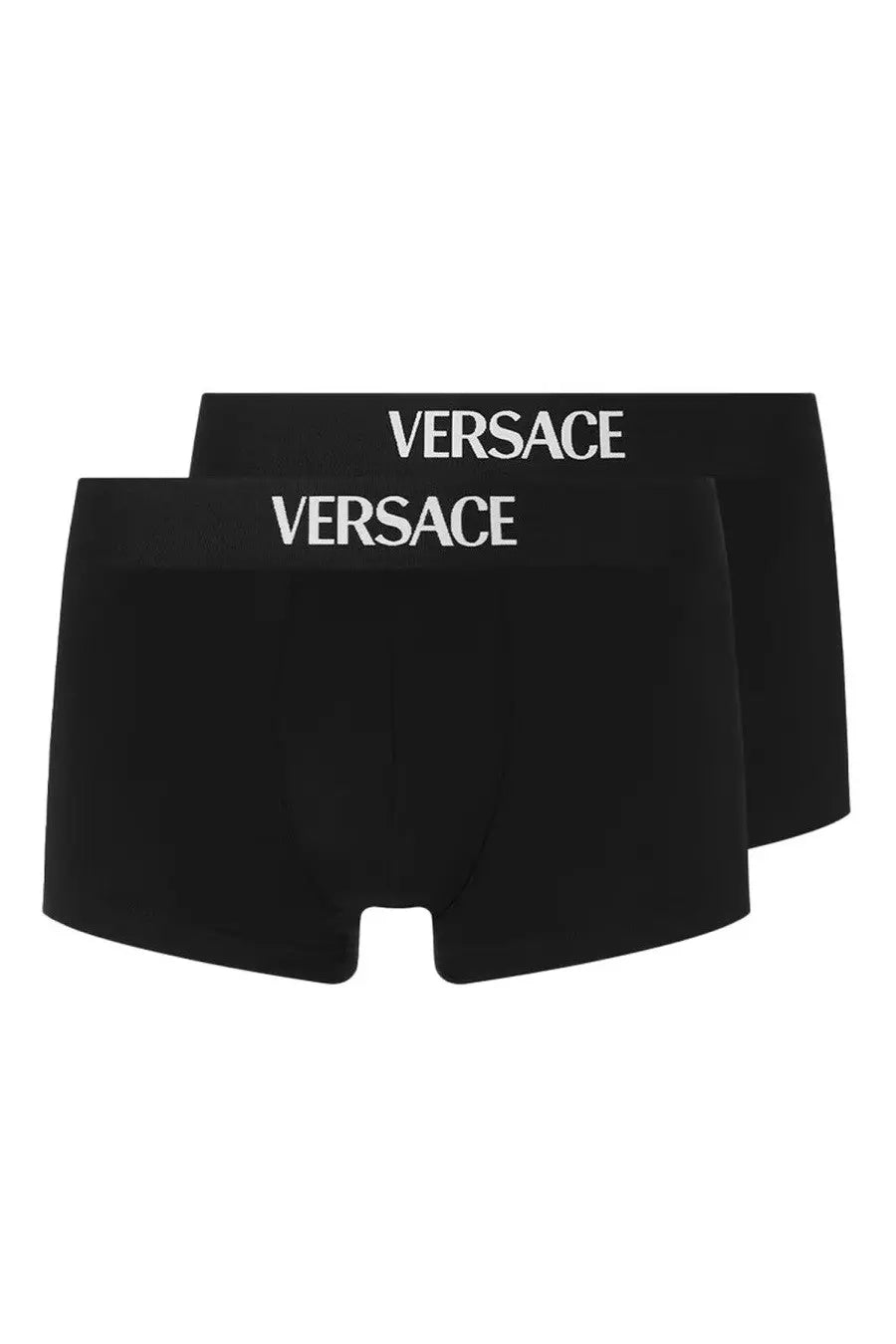 Versace men’s black tight fitting boxers with white versace branding on the waistband front view