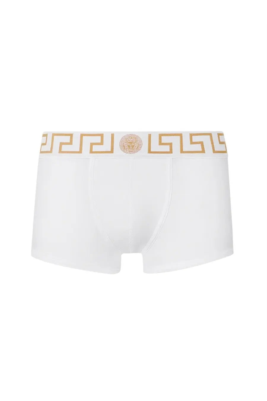 Versace men’s boxer con greca white briefs with gold greek key pattern and medusa logo on waistband