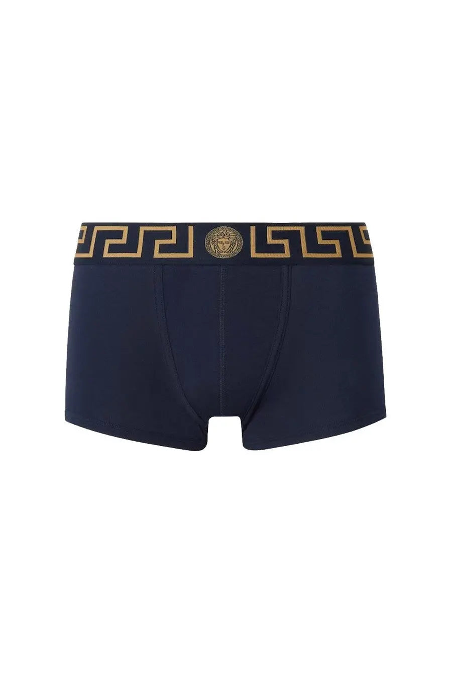 Versace men’s boxer shorts blue navy briefs with gold greek key pattern and medusa head emblem on waistband