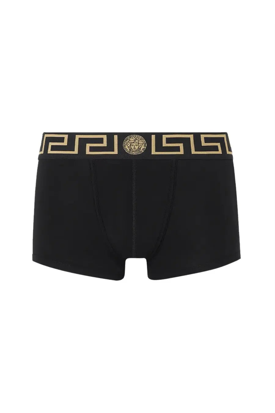 Versace men’s black briefs with gold Greek key pattern and Medusa head emblem on waistband in boxer shorts style