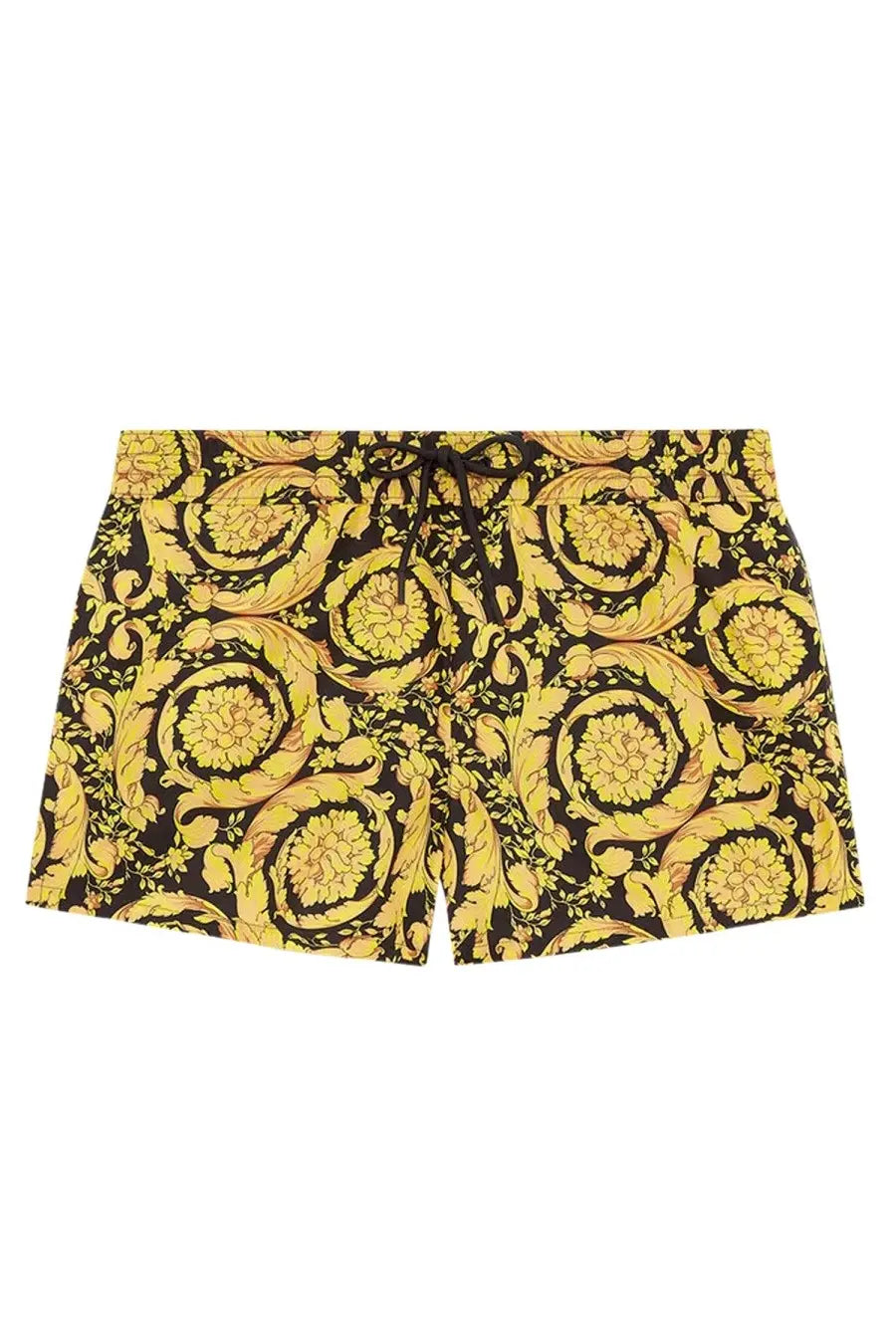Versace men’s boxer swimsuit gold with yellow and black baroque pattern swim trunks and drawstring waistband
