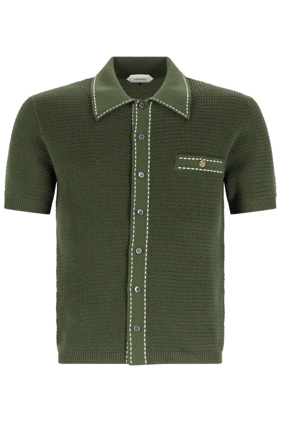 Versace men’s camicia in maglia di cotone green olive green knitted polo shirt with white stitching and button-down front