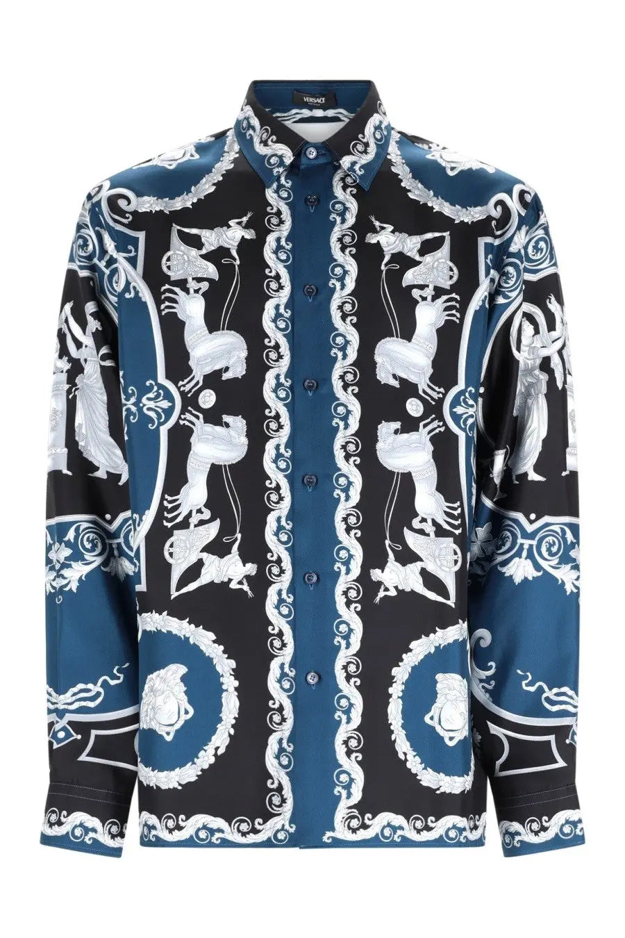 Versace men’s long-sleeved button-up camicia in seta stampata multicolor with navy blue and black baroque print