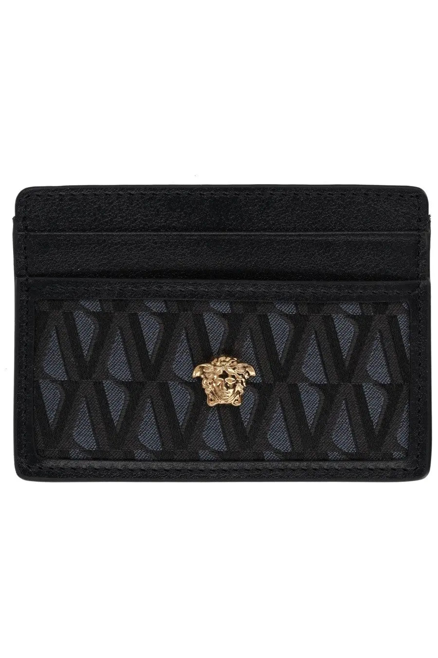 Versace men’s card holder in black leather with gold medusa head and geometric patterned panel