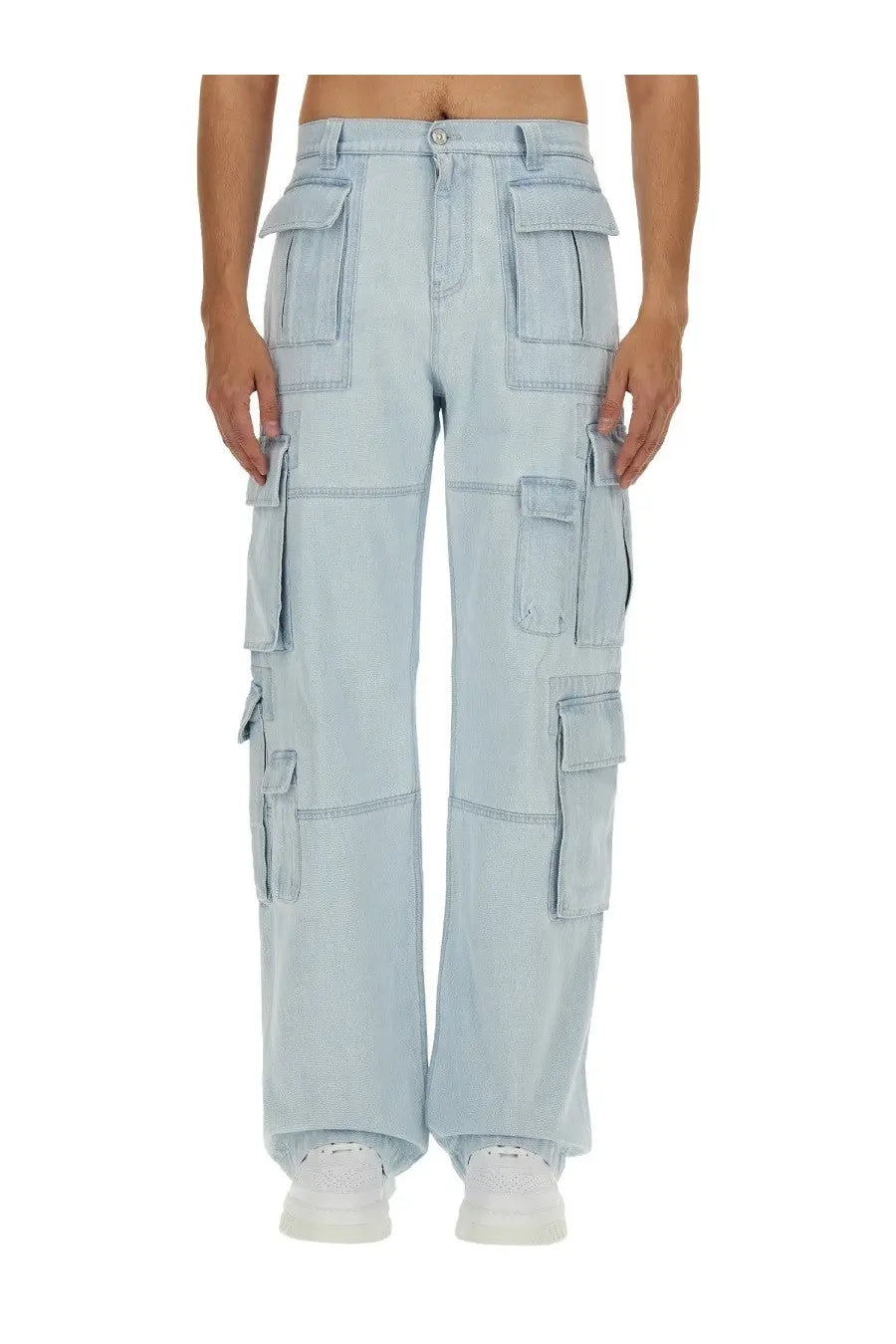 Versace men’s cargo jeans blue featuring light blue denim with multiple pockets and a relaxed wide-leg cut