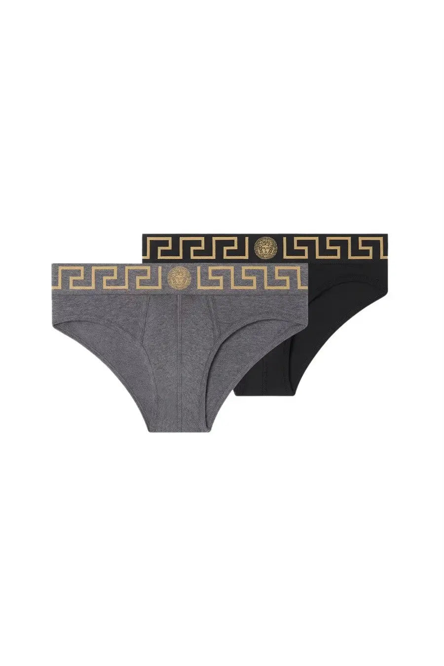 Versace men’s confezione da due slip multicolor gray and black briefs with gold Greek key patterns and Medusa head logos waistband