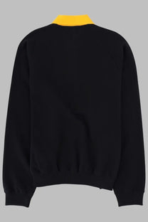 Black knit bomber jacket with contrasting yellow collar featured in Versace men’s felpa con colletto polo blue collection