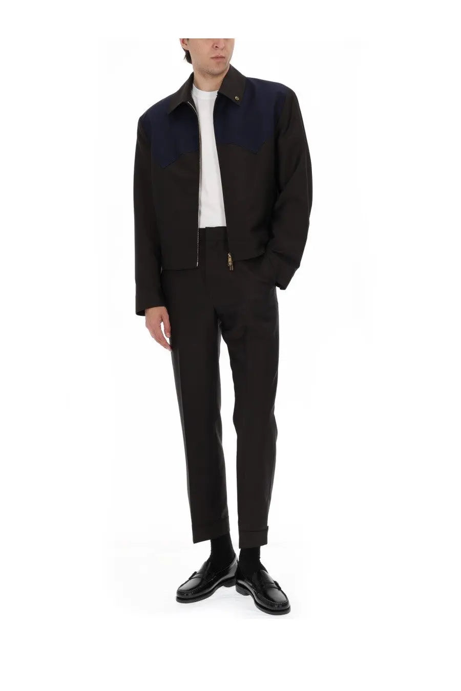 Versace men’s giacca in lana mohair con zip brown black and navy blue color-blocked jacket with structured collar and gold hardware