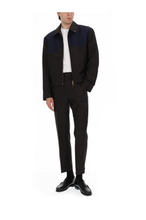 Versace men’s giacca in lana mohair con zip brown black and navy blue color-blocked jacket with structured collar and gold hardware