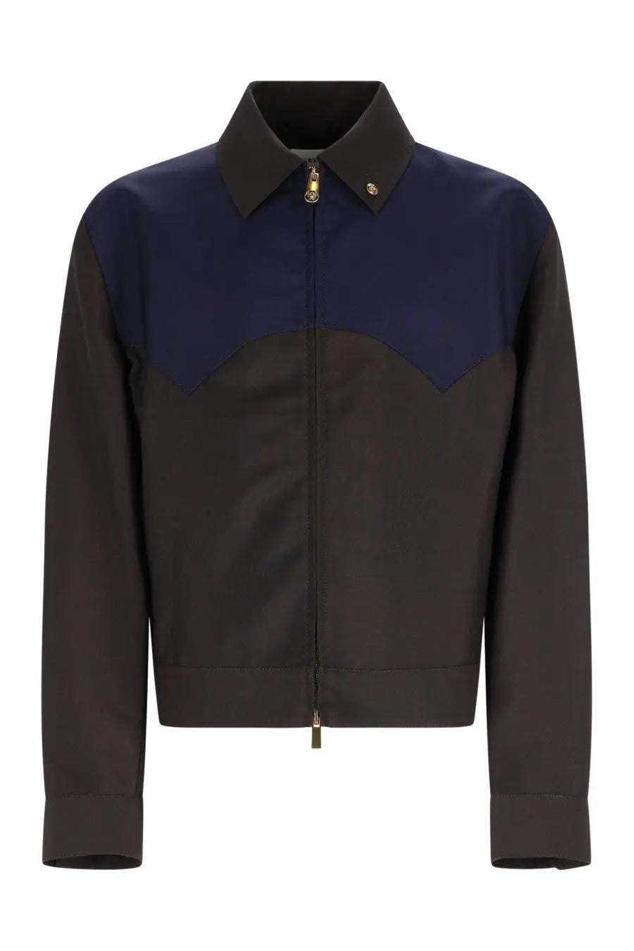 Versace men’s giacca two-tone dark navy and charcoal zip-up jacket with structured collar and gold-toned zipper hardware