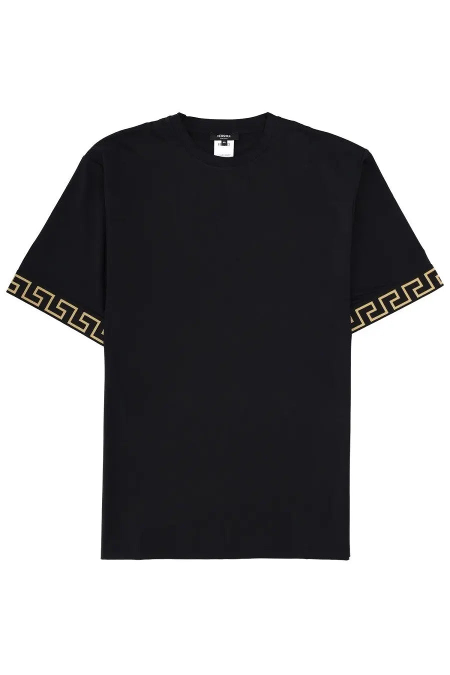 Versace men’s black t shirt with gold Greek key pattern trim on the sleeves featuring luxury design