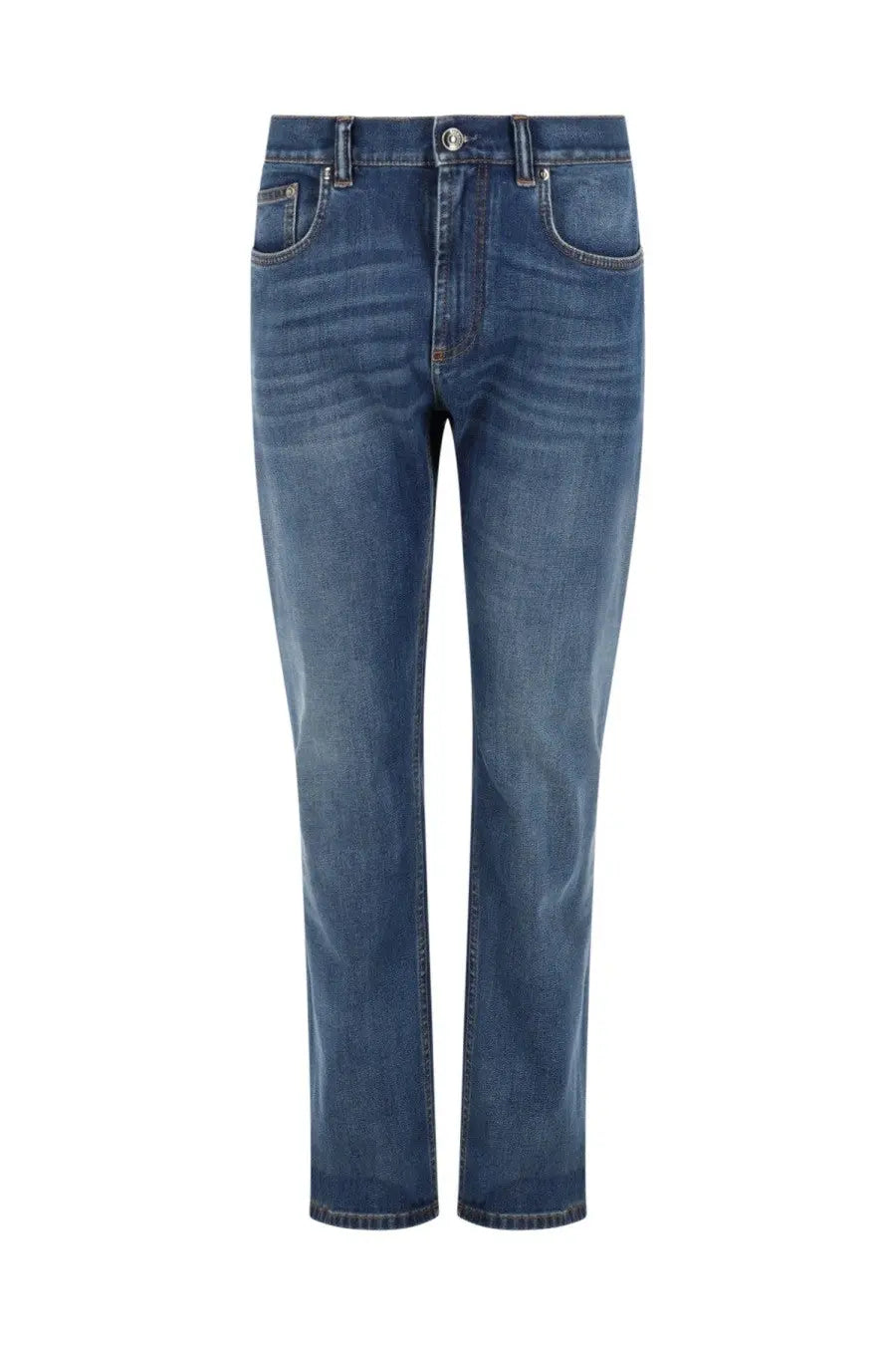 Versace men’s denim jeans in cotton blue with classic straight-leg cut and subtle fading for a worn-in look