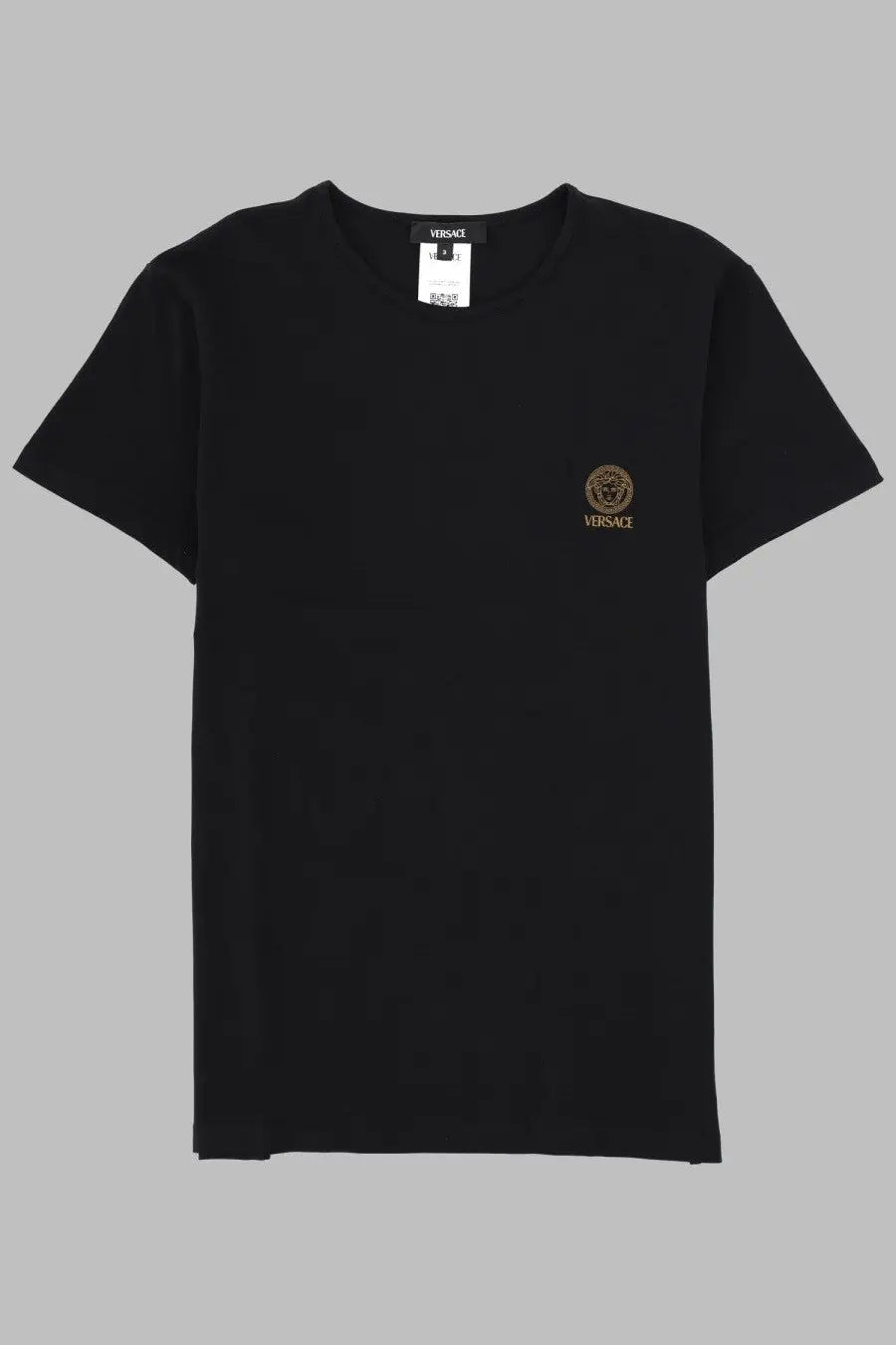 Versace men’s black t-shirt with gold embroidered medusa head logo on left chest from jellyfish underwear line