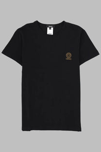 Versace men’s black t-shirt with gold embroidered medusa head logo on left chest from jellyfish underwear line