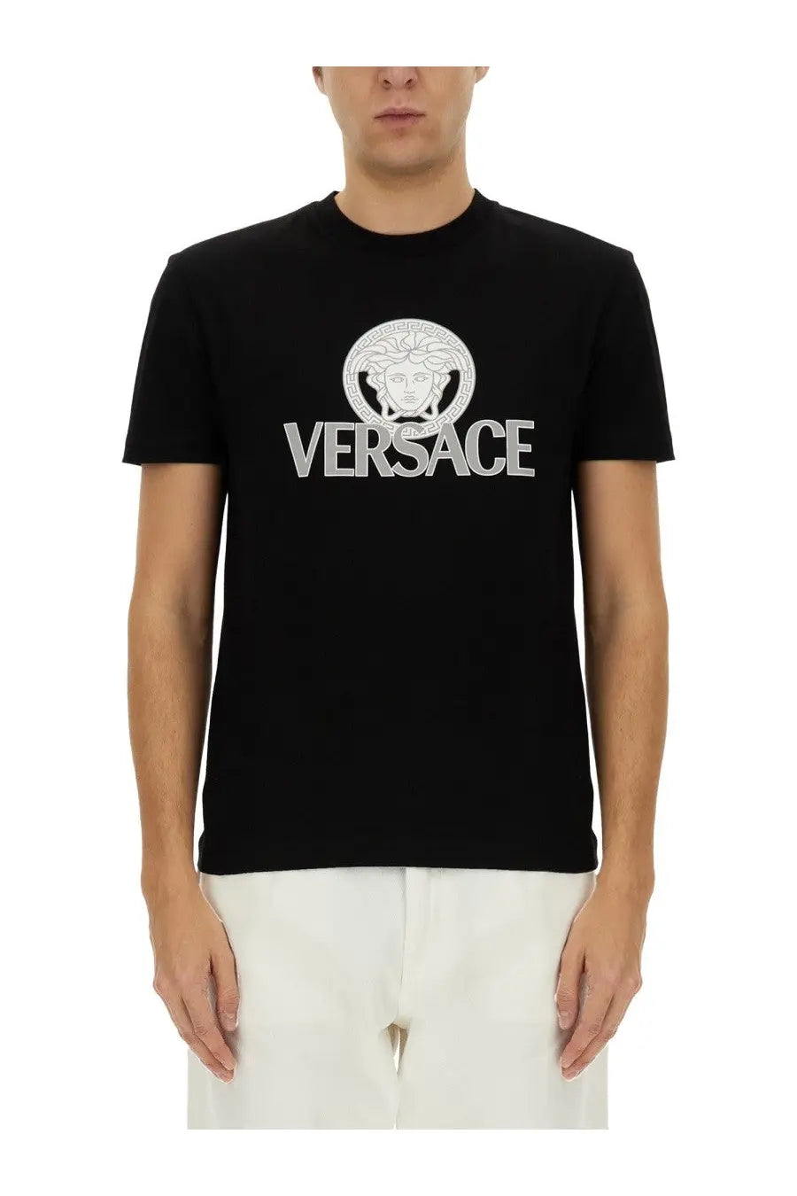 Versace men’s black jersey shirt with short sleeves and white embroidered medusa head logo on front