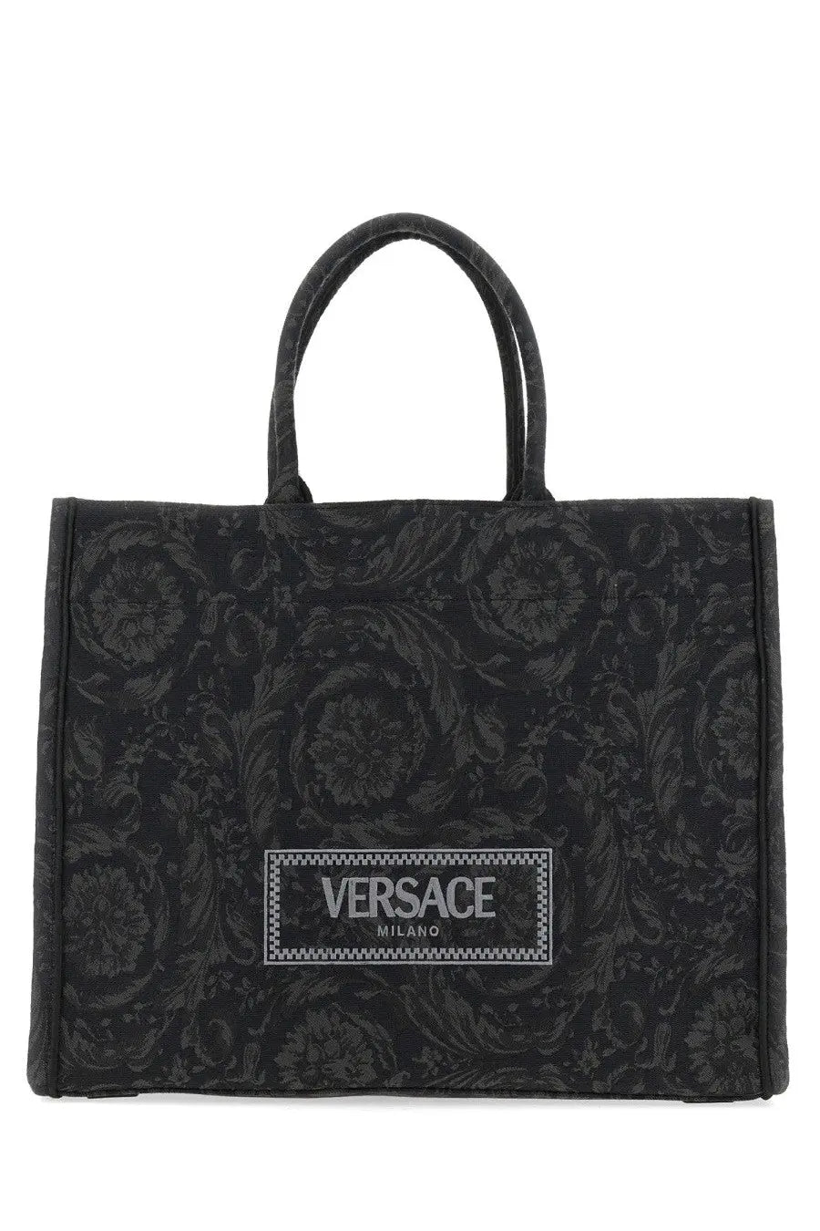 Versace men’s large shopper bag athena baroque black featuring a black floral pattern and central logo patch tote bag