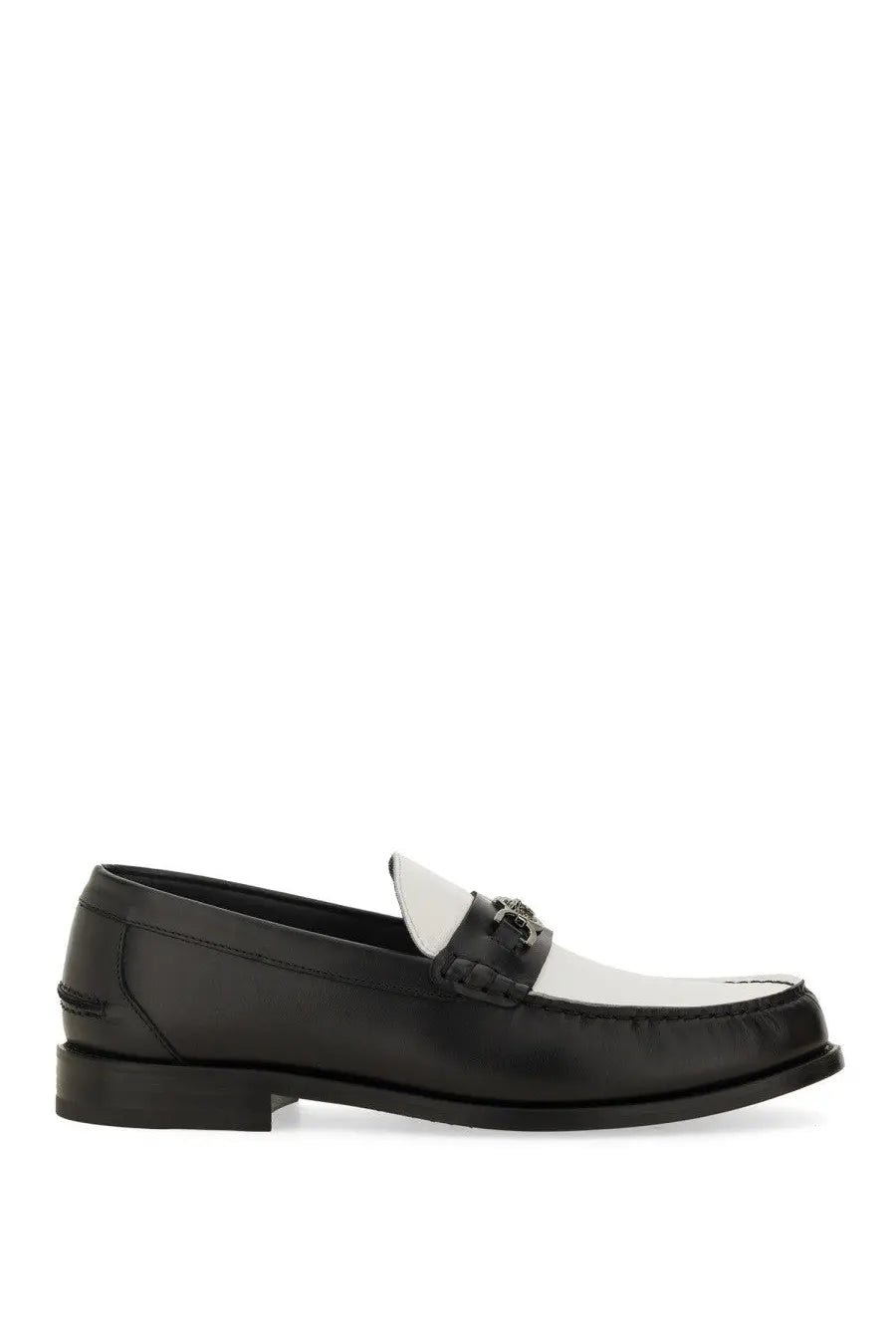 Versace men’s moccasin in black and white leather with metallic buckle detail and medusa emblem on top