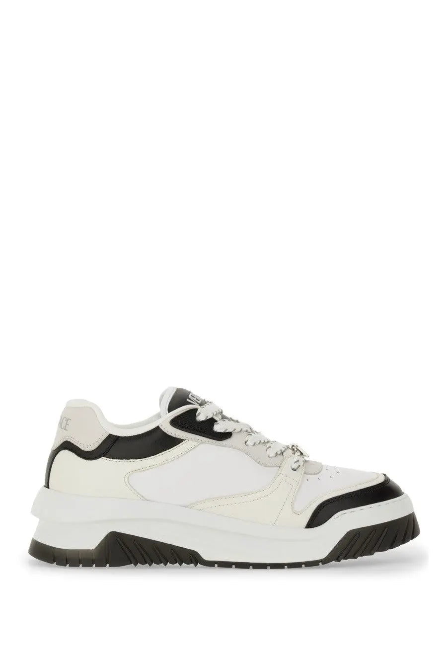 Versace men’s odyssey sneaker black white and black athletic sneaker with chunky sole leather panels and contrasting stitching