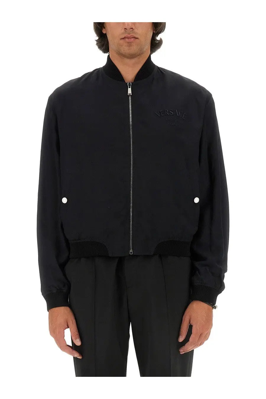 Black versace men’s bomber jacket with subtle embroidered logo silver zipper reversible baroque sea design multicolor interior