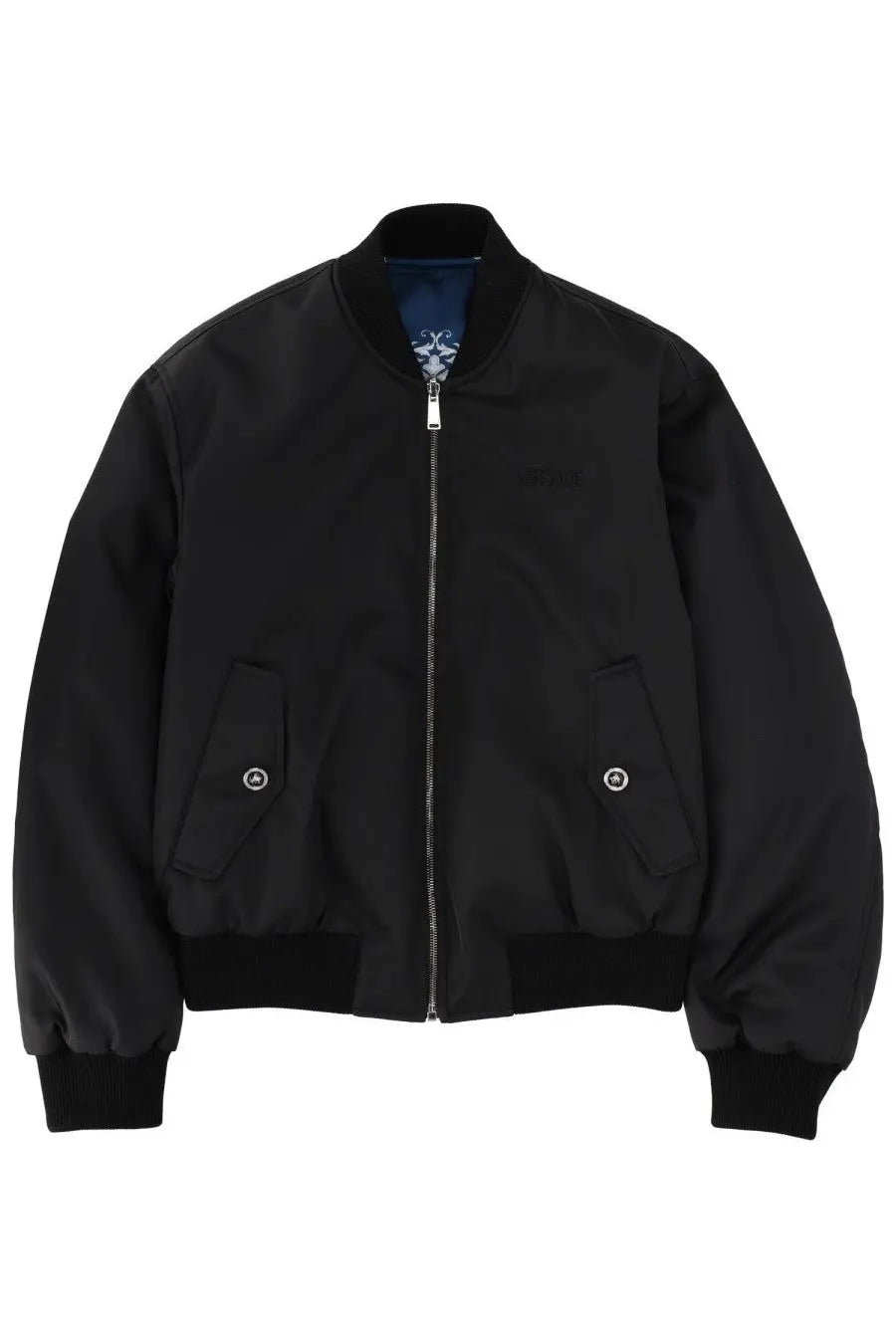 Versace men’s reversible black bomber jacket with ribbed cuffs, waistband, silver zipper, and embroidered logo on chest