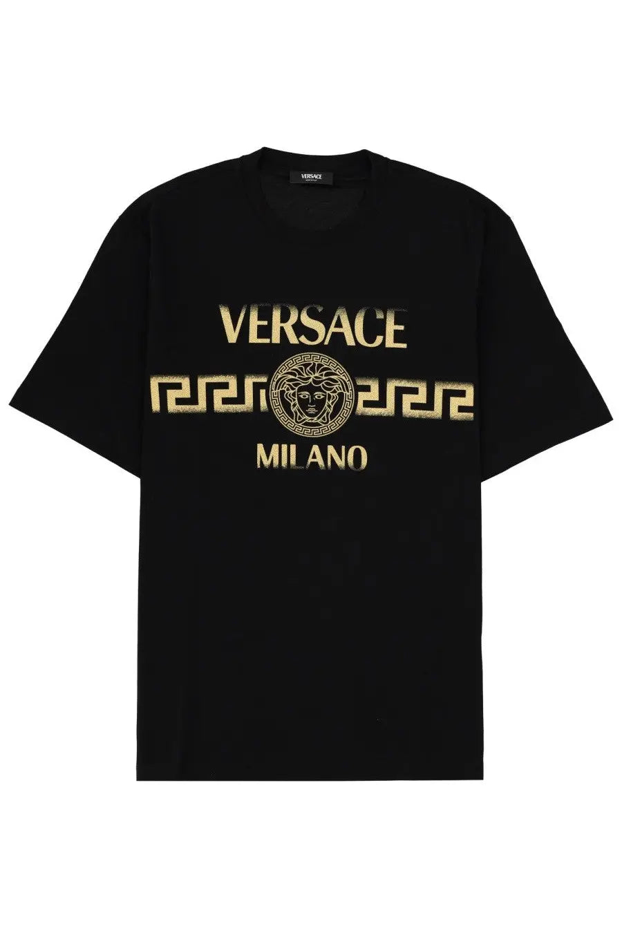Versace men’s black t-shirt with bold gold logo featuring the Medusa head and Greek key pattern