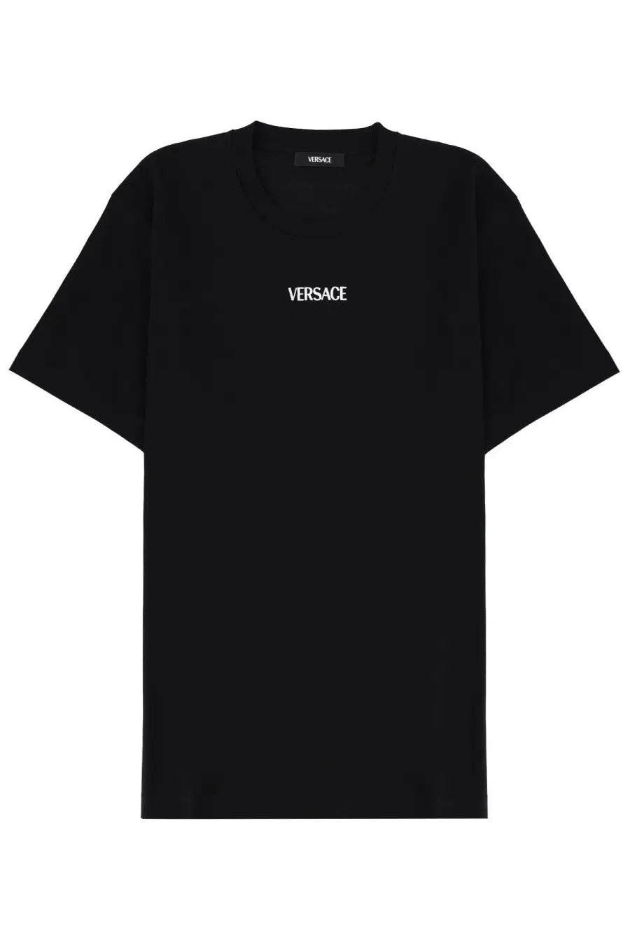 Versace men’s black t-shirt with white embroidered logo on chest and small label at neckline in cotton material