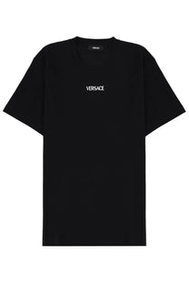 Versace men’s black t-shirt with white embroidered logo on chest and small label at neckline