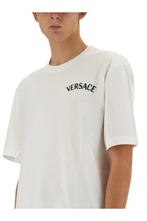 White cotton Versace men’s shirt with black embroidered logo across the chest