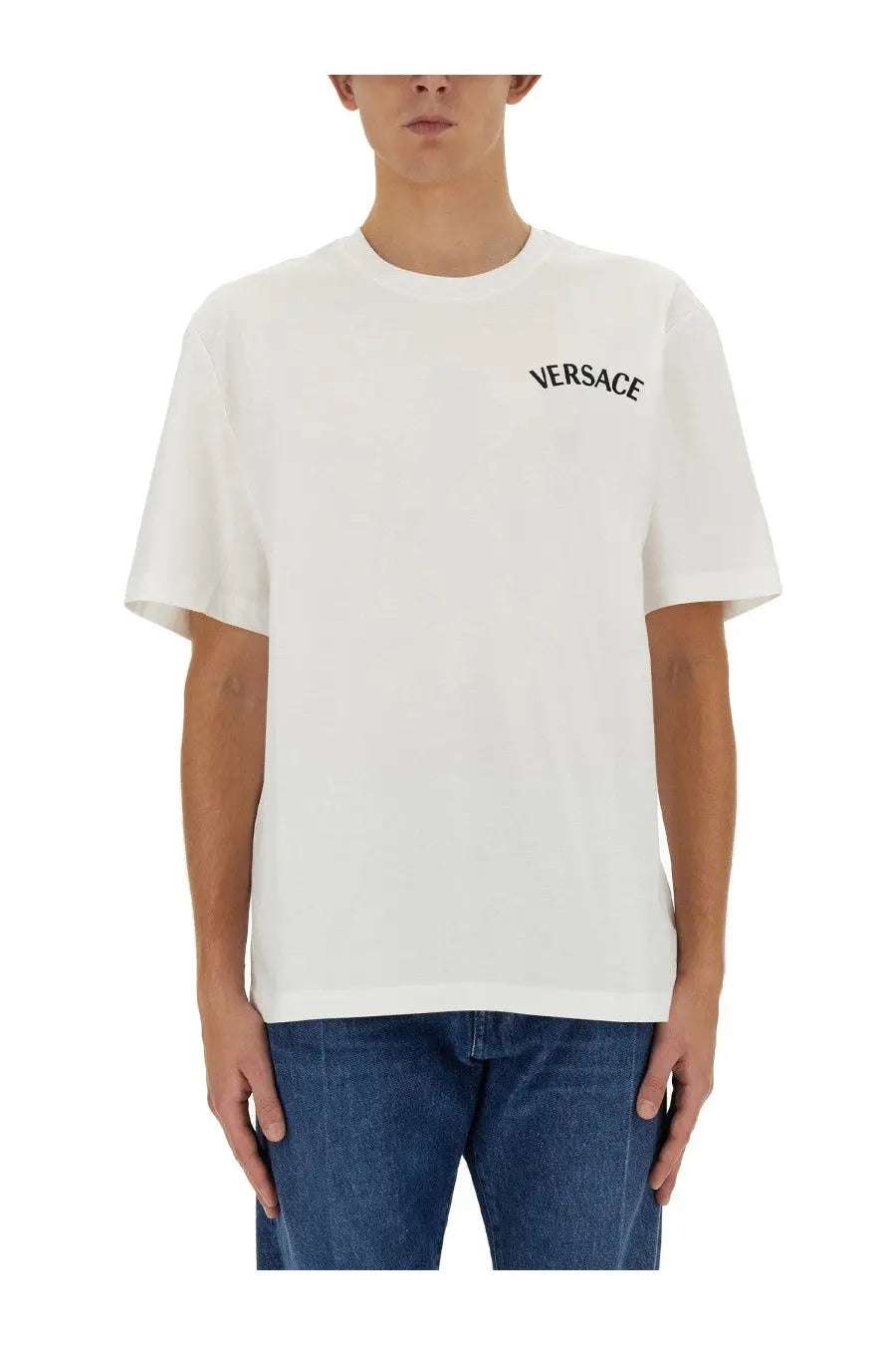 Versace men’s white t shirt with black embroidered logo on the left chest made from soft cotton material