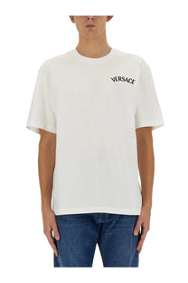 Versace men’s white t shirt with black embroidered logo on the left chest made from soft cotton material