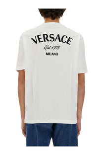 White Versace men’s t-shirt featuring black Versace est logo on front in soft cotton material