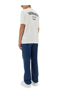 White versace men’s t-shirt with black versace est logo on front, casual cotton shirt for everyday wear