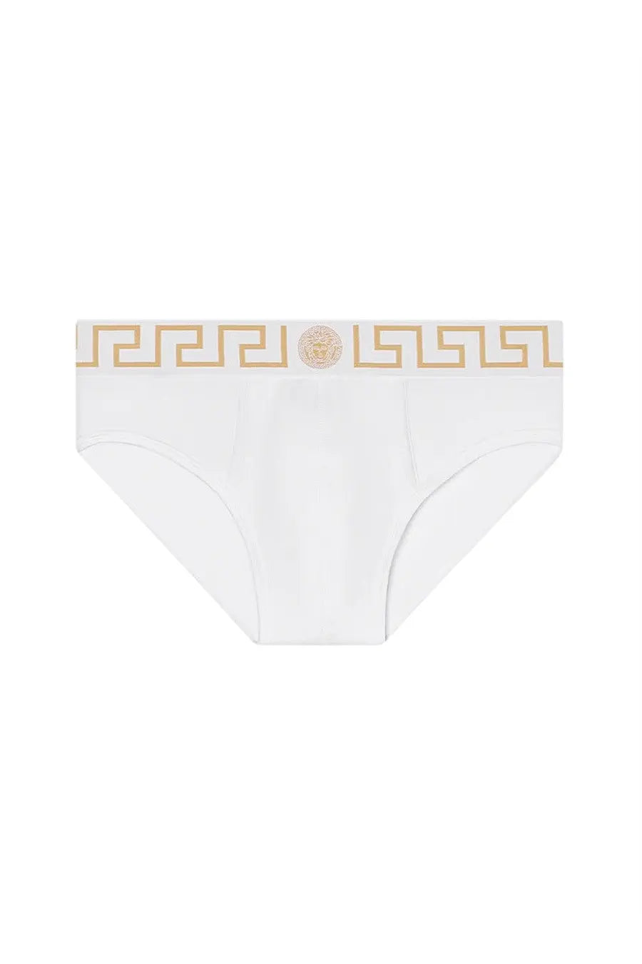 Versace men’s slip white briefs with gold greek key pattern and medusa logo on waistband in white fabric