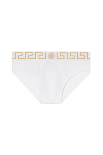Versace men’s slip white briefs with gold greek key pattern and medusa logo on waistband in white fabric
