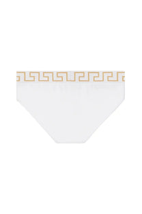 Versace men’s white slip briefs with a gold greek key pattern waistband and soft cotton material
