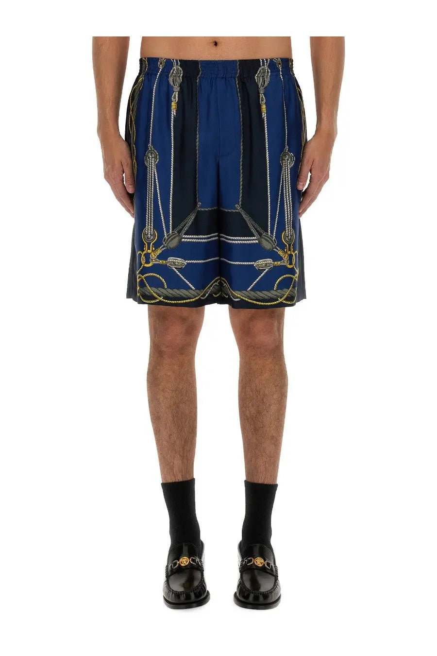 Versace men’s multicolor twill bermuda shorts in blue with gold white nautical rope chain pattern and elastic waistband
