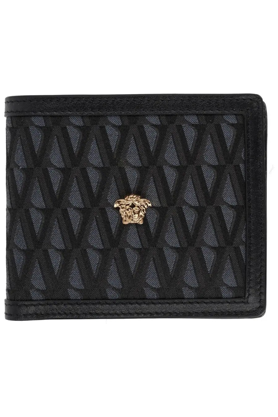 Versace men’s black wallet with repeating geometric pattern and gold-tone medusa head emblem on front