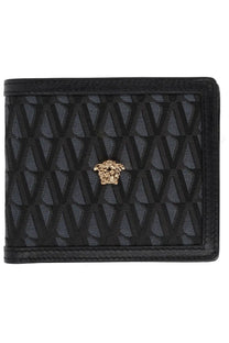 Versace men’s black wallet with repeating geometric pattern and gold-tone medusa head emblem on front