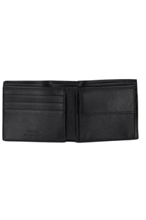 Versace men’s black leather bi-fold wallet with multiple card slots and a central compartment for organization