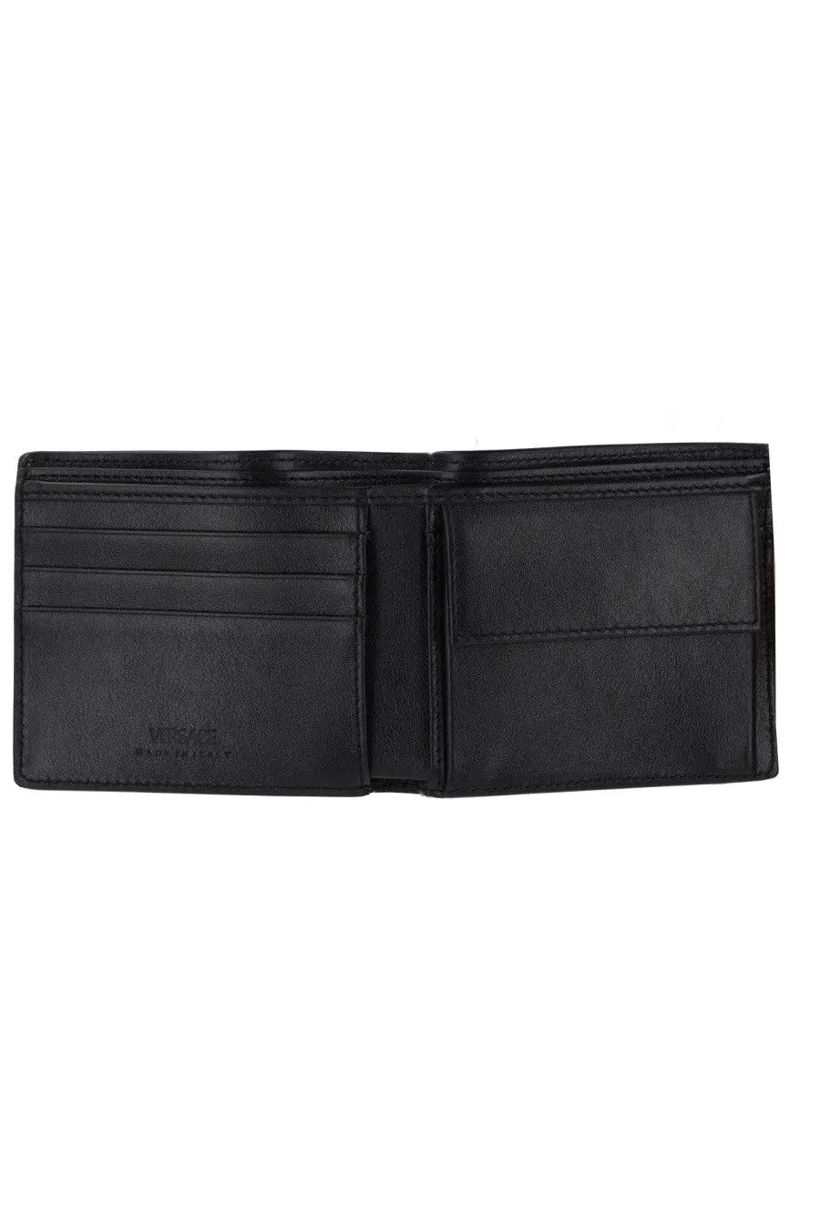 Versace men’s wallet black leather bi-fold with multiple card slots and central compartment for organized storage