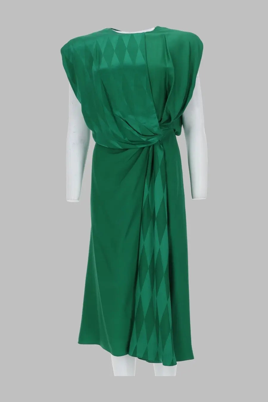 Versace women’s abito midi drappeggiato in seta green emerald green satin dress with draped asymmetrical front and diamond texture