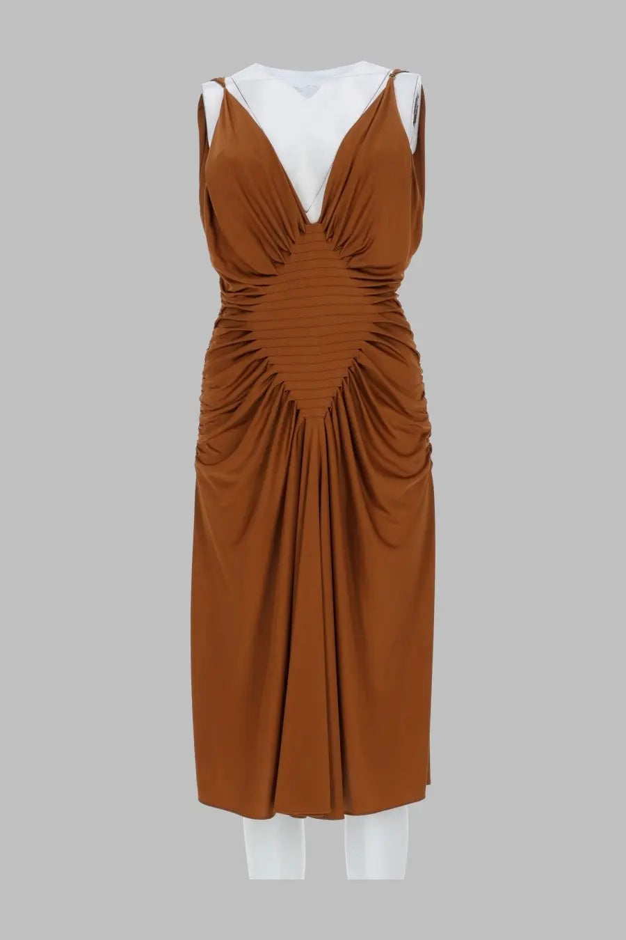 Versace women’s abito midi sleeveless brown viscose jersey dress with deep v-neckline and ruched bodice detailing