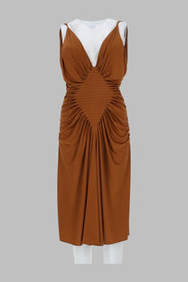 Versace women’s abito midi sleeveless brown viscose jersey dress with deep v-neckline and ruched bodice detailing